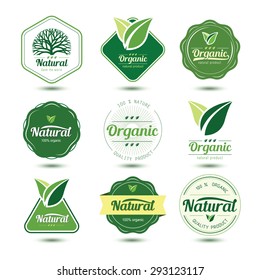 Organic labels and badges with green leave , vector illustration