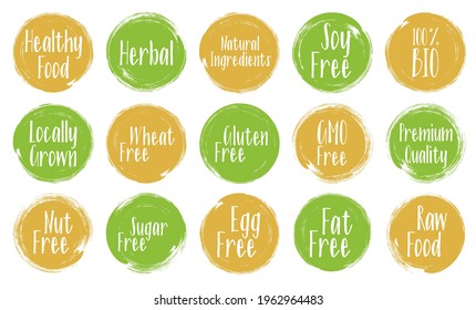 Organic labels, bio emblems for products packaging. Vegan, gluten free, fresh raw healthy food, premium quality, locally grown eco friendly stamps. Soy, wheat, nut, GMO, sugar,egg, fat free stamps.