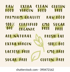 Organic labels collection. Set of 100% bio, premium quality, gluten free, eco food restaurant menu label templates with hand-drawn leaves. Beautiful hand lettered badges in vector
