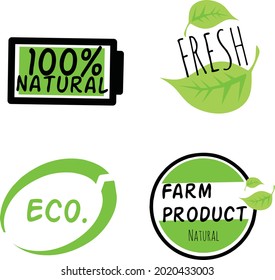 Organic labels. Fresh eco vegetarian emblems, vegan label and healthy foods logo. Sticker or ecological product stamp. Organic labels. Eco-friendly vegetarian emblem, vegan label and healthy food logo