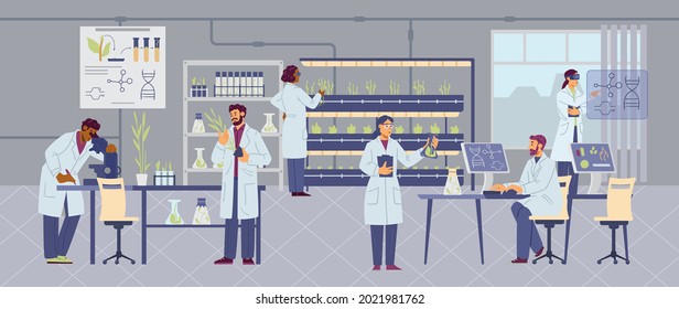 Organic laboratory scientists and biologists testing plants quality, flat vector illustration. Farm of the Future and agricultural laboratory concept.