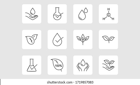 organic leaf line icons. Dermatologically tested, Paraben chemical formula icons.vector design