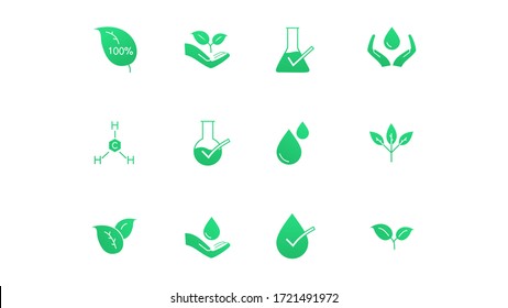 organic leaf line icons. Dermatologically tested, Paraben chemical formula icons.vector design