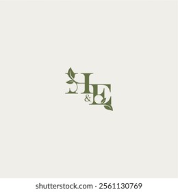 organic leaf logo bold initial concept letter luxury wedding monogram design HE