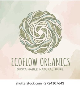 Diseño orgánico del logotipo de la hoja inspirado en la Naturaleza con las líneas que fluyen que forman una espiral sutil, concepto respetuoso del medio ambiente de la marca, fondo pastel suave, identidad visual sostenible moderna limpia