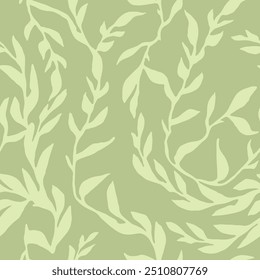 Organic leaf pattern. Branch with leaves ornamental texture. Floral seaweed seamless background. Tropical green ornament. Vector