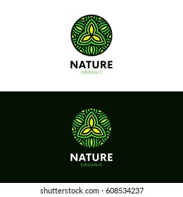 Organic leafs circle logo ornament. Natural product emblem. Round eco sign flat design.