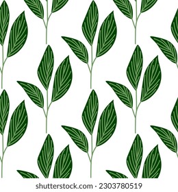 Organic leaves seamless pattern in simple style. Botanical background. Decorative forest leaf wallpaper. For fabric design, textile print, wrapping paper, cover. Vector illustration