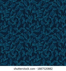 Hojas orgánicas vectoriales texturadas en un patrón sin costura. Fondo de la hoja azul