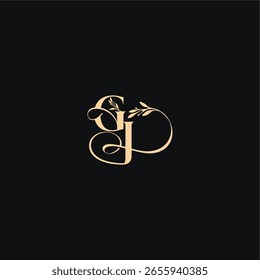 orgânico folhas casamento logotipo monograma elegante conceito carta luxo sentir com linha ondulada GJ