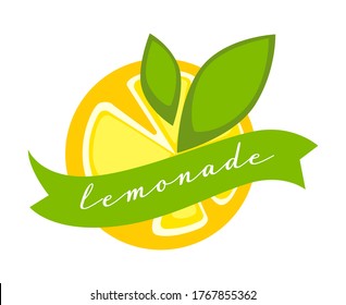 Organische Zitronenscheibe mit Blatt, einzeln mit Band und kalligraphischer Inschrift. Limonade Naturgetränk aus organischen Zutaten, saftiger Cocktail. Saft zum Entgiften von Vektorgrafiken in flachem Zustand