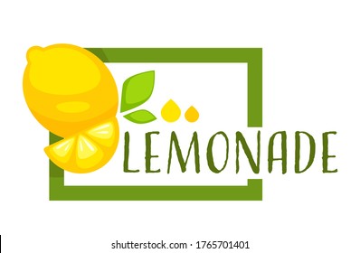 Organic lemonade production label, product emblem in square shape. Isolated icon of lemons whole and cut citrus. Natural food for vegetarian and vegan menu, drink for detoxing, vector in flat