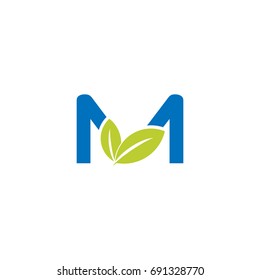 Organic letter M logo creative concept with leaves and alphabet