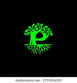 Letra orgânica P logotipo com uma árvore com raízes e folhas. Vetor minimalista para organizações ambientais, paisagismo e branding empresarial sustentável.