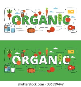 Organic lettering flat line design with icons and elements for book cover, report header, presentation,illustration, infographics, printing, website banner and landing page.