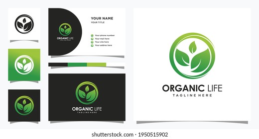 Organic life logo with leaf and circle concept. Elegant logo and business card design. Premium Vector