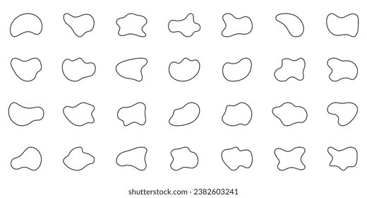 Colección de blobs irregulares de línea orgánica. Forma de contorno aleatorio líquido. Bloque Asimétrico de Ronda Fluida. Blotch de forma amorfa. Burbujas Negras Sobre Fondo Blanco. Ilustración de vectores aislados.