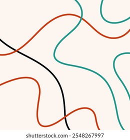 Organic Line Shape Background Pattern in red green and black colour, fluid shapes modern simple abstract line art design. Editable stroke.
