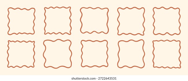 Kit de marco de forma cuadrada ondulada de línea orgánica. Paquete de caja de borde curvy de borde en zigzag. Esquema de Ilustración vectorial Doodle