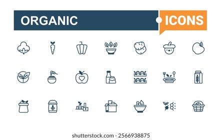 Organic linear icon collection. Includes thin line cruelty, toxic, handmade, gmo, sustainable, sign and more. Set of line pictogram. Solid line editable vector illustration.