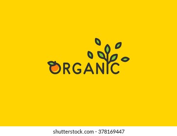 Organic linear vector illustration on yellow background. Organic (leaf, leaves, tree, orange, fruit, green) creative graphic concept. Graphic design template for restaurant, cafe, bar, shop, banner.
