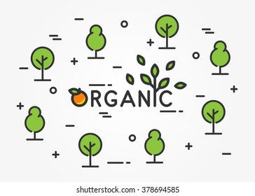 Organic linear vector. Organic illustration on grey background. Organic with trees and house plants. Organic leaves. Organic orange. Organic fruit. Organic creative concept. Organic graphic design.