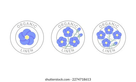 Organic linen color labels set. Linen product badge. Vector flat round icons isolated on white background.