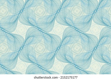Organic lines geometric shapes optical illusion seamless pattern. Wallpaper print graphic design. Rotating geometric shapes of multiple curve semi transparent lines ornament. Abstract background.