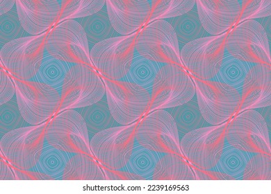 Organic lines geometric shapes optical illusion seamless pattern. Wallpaper print graphic design. Twisted geometric shapes of multiple curve semi transparent lines ornament. Funky background.