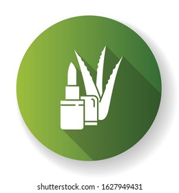 Organic lip balm green flat design long shadow glyph icon. Organic cosmetic with aloe vera extract. Lipcare with medicinal herbs. Dermatology and skincare. Silhouette RGB color illustration