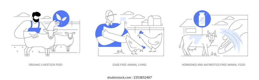 Organic livestock farming isolated cartoon vector illustrations set. Organic livestock feed, cage-free animal living, hormones and antibiotics free animal food, poultry farm vector cartoon.