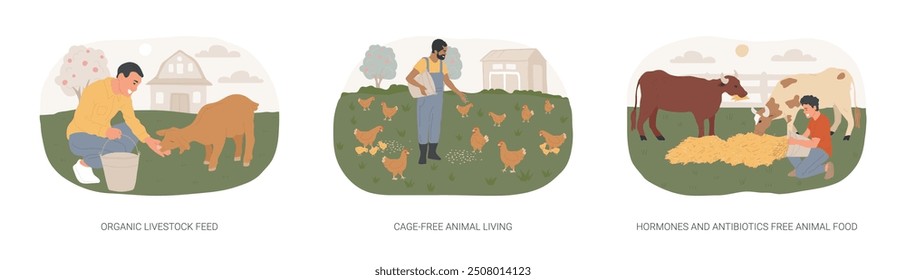 Organic livestock farming isolated cartoon vector illustrations set. Organic livestock feed, cage-free animal living, hormones and antibiotics free animal food, poultry farm vector cartoon.