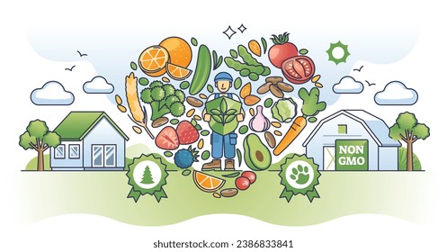 Organic living and ecological healthy food consumption outline concept. Fresh vegetables and fruits eating for personal wellness vector illustration. Non GMO farm with sustainable and green standards