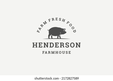 Organic Local Farm Market Fresh Food Retail Pig Vintage Logo Template Design Vector Illustration. Agriculture Farmhouse Minimalist Black Emblem Premium Quality Ecology Production Retro Emblem Mark