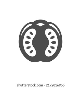 Organic local tomato half slice monochrome vintage icon vector illustration. Natural agricultural fresh vegetable farm market grocery cultivation growing nutrition ecology meal for cooking salad sauce