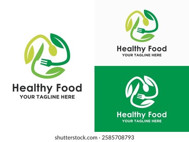 Organic logo design leaf fork and spoon. Healthy food logo template with green leaves or organic green vegetables