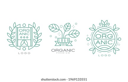 Organic Logo Design with Linear Leaves for Natural Products Vector Set
