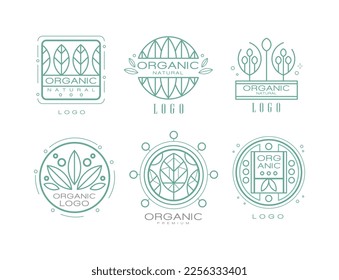 Organic Logo Design with Linear Leaves for Natural Products Vector Set