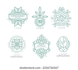 Organic Logo Design with Linear Leaves for Natural Products Vector Set