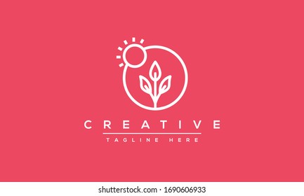 Organic logo design. Nature tree and sun vector template.