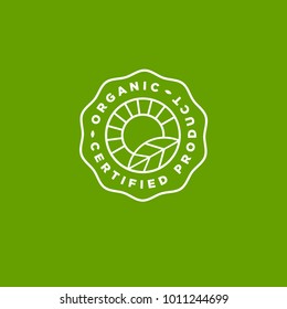 Organic logo. Farmer products emblem
Sunrays and leaf in a circle with letters
