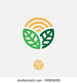 Organic logo. Farmer products emblem. Leaves and sun in a circle.