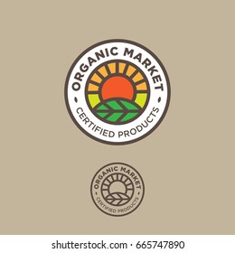 Organic logo. Farmer products emblem. Sun, rays and green leaf in a circle with letters.