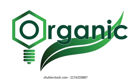 organic logo, green leaf, fresh idea and bulb is like benzene
