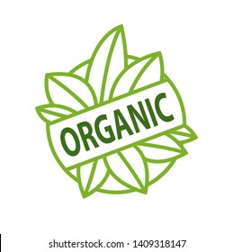 Organic logo inscription on green leaves isolated vector emblem. Abstract greenery foliage in circle, simple logotype of healthy organic natural food