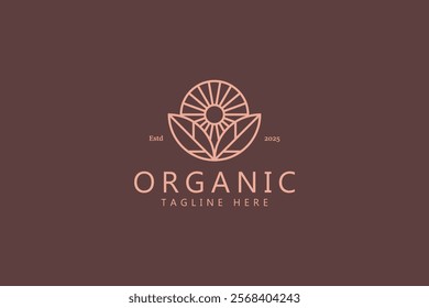 Organic Logo Nature Fresh Product with Leaf and Sun Linear Sign Symbol