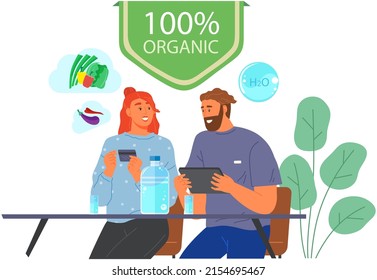Organic logo for products, agricultural shops, packaging. Couple ordering natural fresh food online. Proper nutrition, eating fruits and vegetables. People chooses products in vegetarian food store