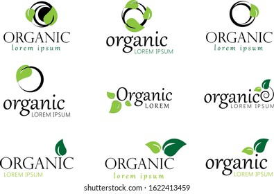 Organic Logo Set. Nature Elements - Isolated On White. Green Organic Logo, Vector. Collection Of Organic Icon For Health Symbol, Leaf Design, Nature Element, Planet Logo And Eco Icon. Vector Template