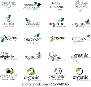 Organic Logo Set. Nature Elements - Isolated On White. Green Organic Logo, Vector. Collection Of Organic Icon For Health Symbol, Leaf Design, Nature Element, Planet Logo And Eco Icon. Vector Template