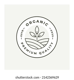 Organic logo stamp line icon design. Natural eco product emblem. Premium quality brand identity bio farm leaf symbol. Vector illustration.